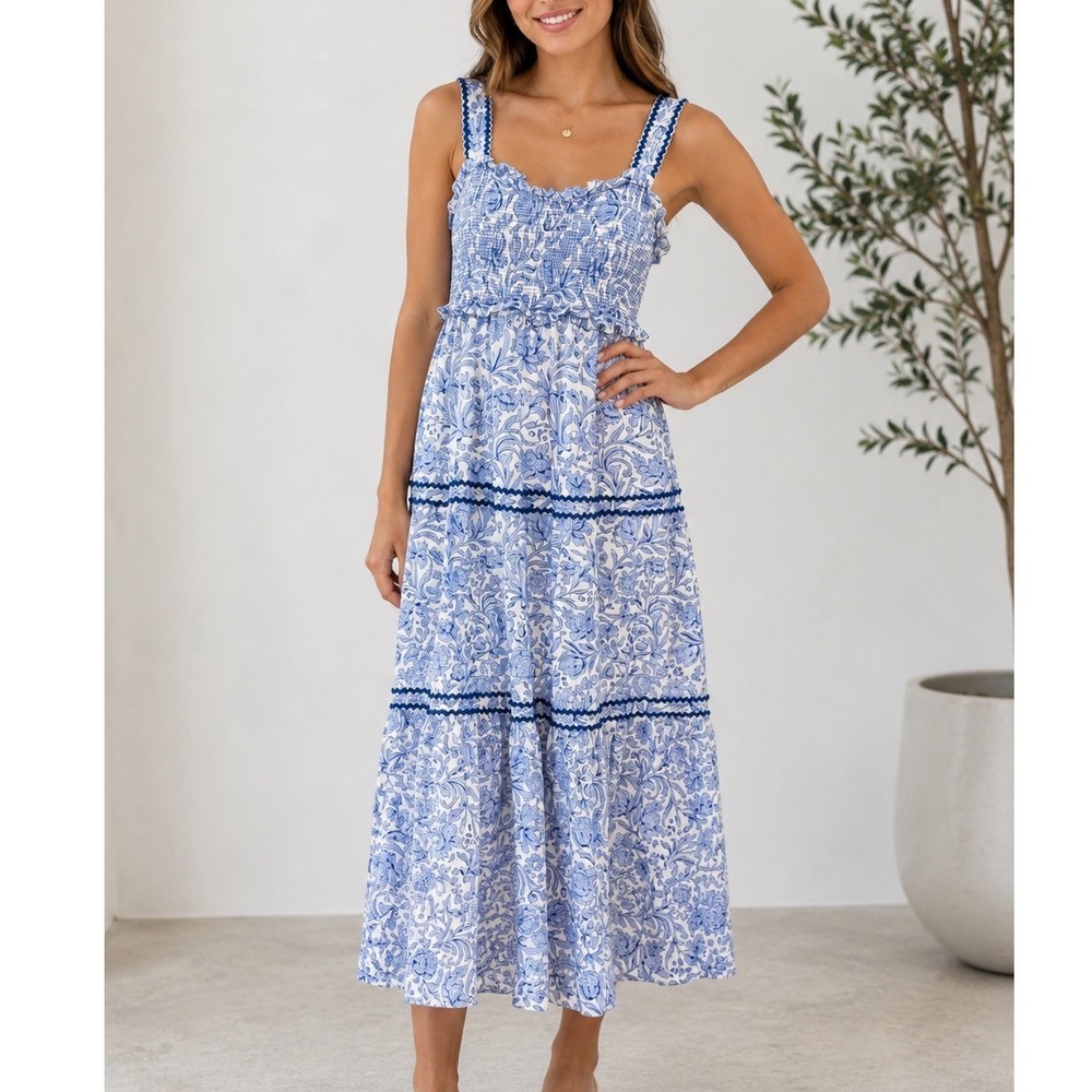 SHE + SKY Womens Blue White Floral Toile Smocked TRic Rac Tiered Maxi Dress L